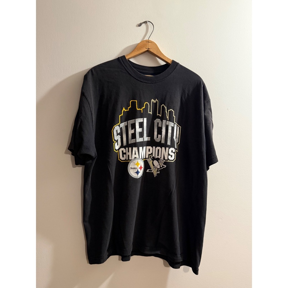 Reebok Pittsburgh Steel City Champions T-Shirt Mens XL Steelers Penguins Black